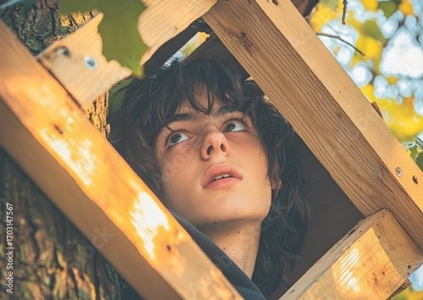 Fototapeta A person is looking upwards from within a wooden structure. The sky and leaves are visible in the background. AI.