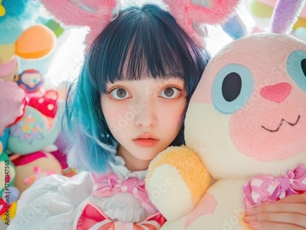 Fototapeta Girl with blue hair and bunny ears holds a plush rabbit. She wears a frilly top and a bow. AI.
