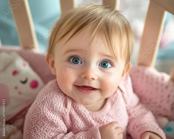 Fototapeta Baby in a pink sweater smiles with blue eyes in a crib with a pillow and wooden bars. AI.
