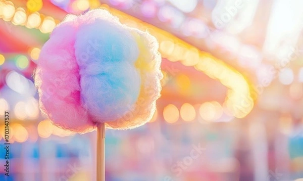 Fototapeta Colorful cotton candy on a stick. Bokeh lights are visible in the background. AI.