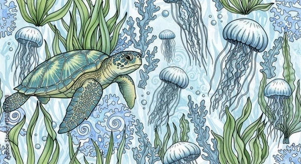 Fototapeta Whimsical marine life aquatic scene featuring a turtle and jellyfish ecosystem