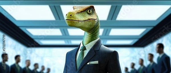 Fototapeta A dinosaur with a business suit stands in front of a crowd of business people. AI.