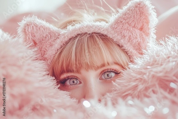 Fototapeta A woman with blue eyes peers out from behind pink fluffy fabric and a pink furry cat-eared headband. AI.