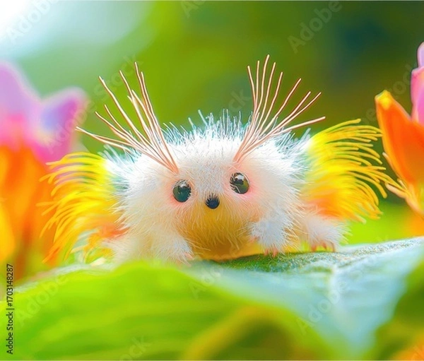 Fototapeta Fuzzy white insect with yellow wings and antennae sits on a green leaf with flowers in the background. AI.