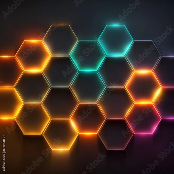 Fototapeta Hexagon Abstract: An intricate network of vibrant, glowing hexagons forms an eye-catching and contemporary design on a dark backdrop. Illustrating technological innovation.