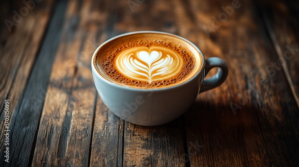 Fototapeta Latte Art Delight: A freshly brewed latte, adorned with an exquisite heart-shaped latte art design, rests on a rustic wooden surface. It is a captivating blend of warmth and artistry.