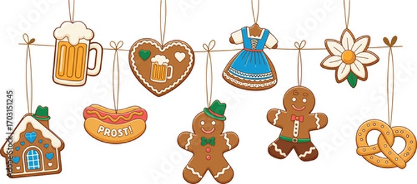 Fototapeta Oktoberfest gingerbread cookies hanging on string decoration set with beer mug, heart, dress, gingerbread men, flower, hot dog, pretzel