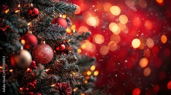 Obraz Christmas Tree Decorated with Red Ornaments and Sparkling Lights