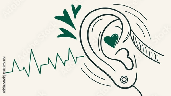 Fototapeta Artistic Illustration of an Ear with Soundwave and Heart Symbols