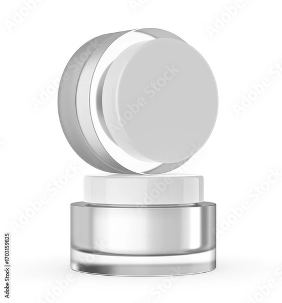 Fototapeta Blank frosted cosmetic jar with lid, isolated on a clean background. Perfect for showcasing skincare, beauty cream, moisturizer, lotion, or cosmetic product branding template. 3D render illustration.