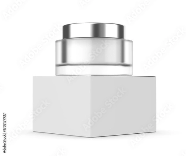 Fototapeta Blank frosted cosmetic jar with lid, isolated on a clean background. Perfect for showcasing skincare, beauty cream, moisturizer, lotion, or cosmetic product branding template. 3D render illustration.