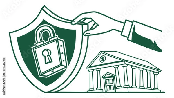 Fototapeta Stylized Security Shield with Padlock Hand and Bank Building Illustration