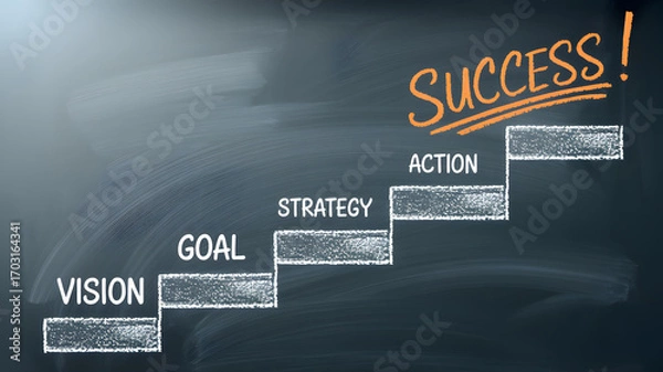 Fototapeta Achieve ultimate success by climbing steps of vision, goal, strategy, action