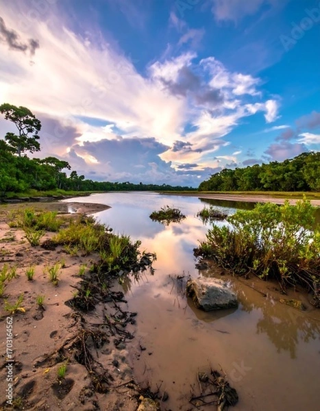Obraz Peaceful riverbank at sunset