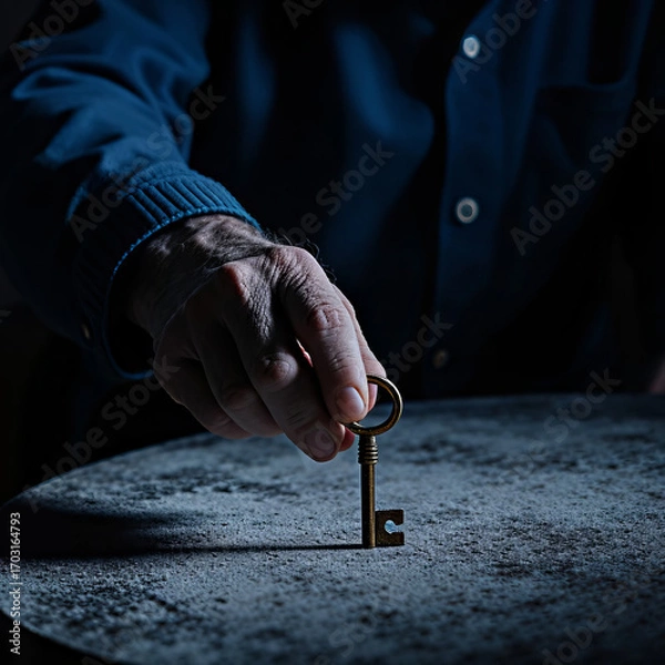 Fototapeta A man takes a key from a table covered in dust. Close-up.