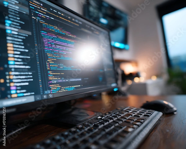 Fototapeta Computer screen with colorful programming code and keyboard on wooden desk in modern office