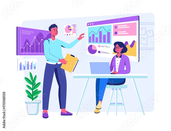 Fototapeta Professional business icon set in modern flat style. Includes finance, marketing, communication, teamwork, growth, analytics, and office icons. Perfect for presentations, websites, apps, and corporate