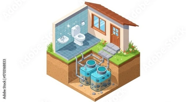 Obraz Isometric Cross Section of Home with Septic System and Plumbing Diagram