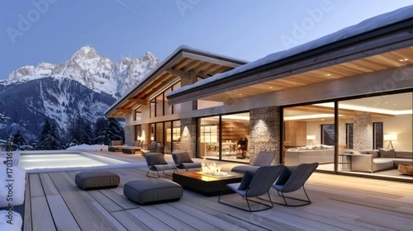 Fototapeta Modern chalet with swimming pool overlooking snowy mountains in winter