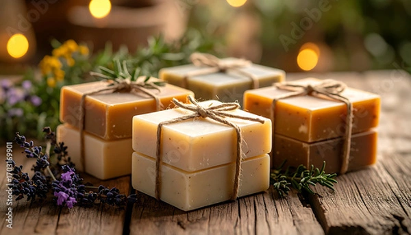 Fototapeta Handmade soap stacked with twine and lavender scent