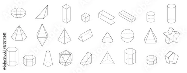 Obraz zestaw podstawowych kształtów geometrycznych 3d. Ilustracja wektorowa brył geometrycznych na białym tle na białym tle.