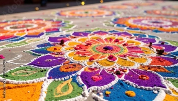 Fototapeta Colorful Rangoli Design with Vibrant Floral Patterns on Ground