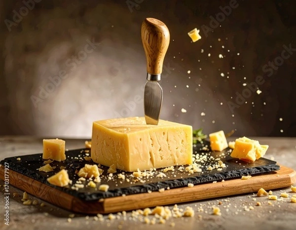 Fototapeta Fresh Cheese Block with Knife on Wooden Board and Dark Background