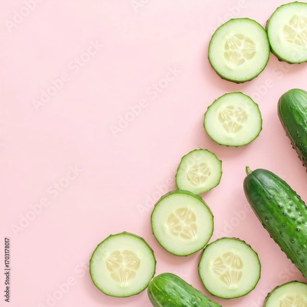 Fototapeta Fresh Green Cucumbers Slices on Pink Background for Healthy Eating