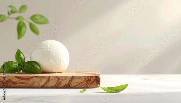 Fototapeta Fresh Mozzarella Cheese with Basil on Wooden Board and Light Background
