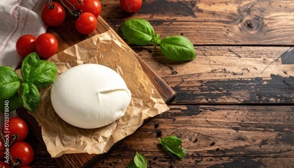 Fototapeta Fresh Mozzarella Cheese with Cherry Tomatoes and Basil on Wooden Board