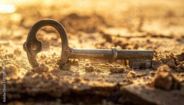 Fototapeta Glimmering Vintage Key Resting on Earth in Soft Sunlight