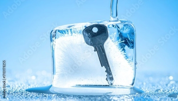 Fototapeta Key Encased in Ice with Frozen Water Droplets on Blue Background