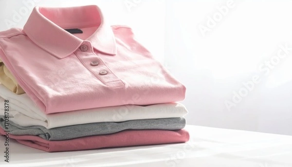 Fototapeta Neatly Stacked Casual Polo Shirts in Soft Colors on a Table