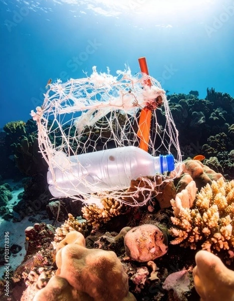 Fototapeta Plastic Pollution Underwater with Bottle and Fishing Net in Coral Reef