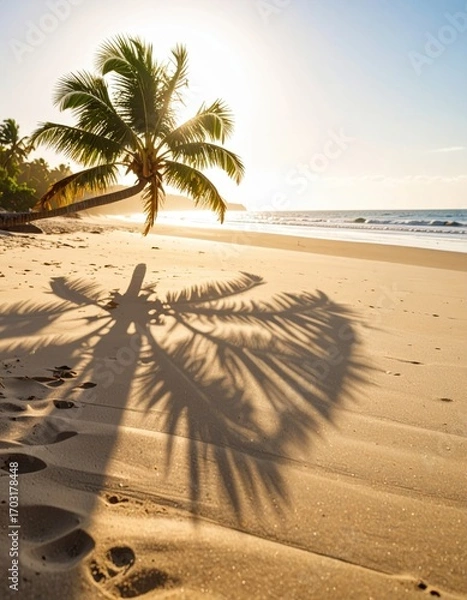 Fototapeta Serene Sunset Over Tropical Beach with Palm Tree and Shadow