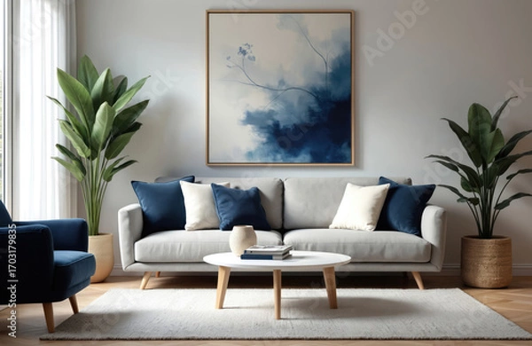Fototapeta Modern living room interior featuring comfortable grey sofa adorned with navy blue, cream pillows. White coffee table with books rests on textured rug. Two large green plants frame scene, abstract
