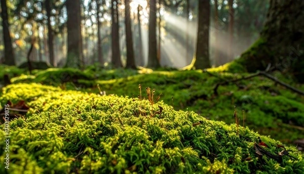 Fototapeta Lush moss carpet bathed in sunlight