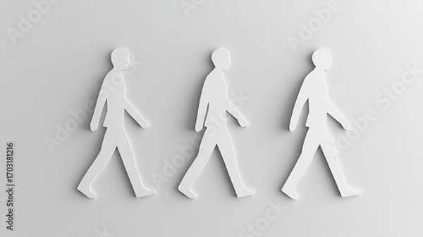 Obraz Three white paper figures, each representing a person walking in the same direction on a light grey background.