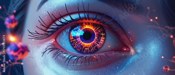 Fototapeta Digital Gaze: A captivating image of a futuristic eye, radiating with intricate circuits, vivid hues, and the essence of cybernetic fusion.