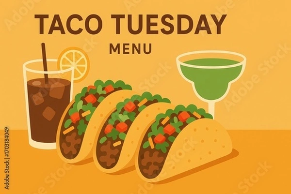 Fototapeta Taco Tuesday menu illustration with tacos, soda, and margarita in flat design emphasizing festive food, dining, and celebration