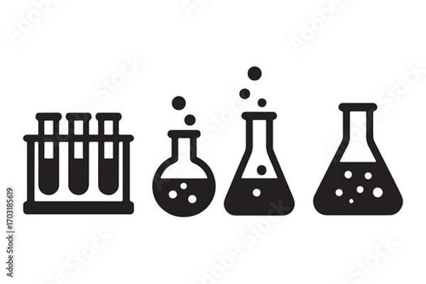 Fototapeta Black silhouette of laboratory glassware including test tubes and flasks with bubbling liquid isolated on white background