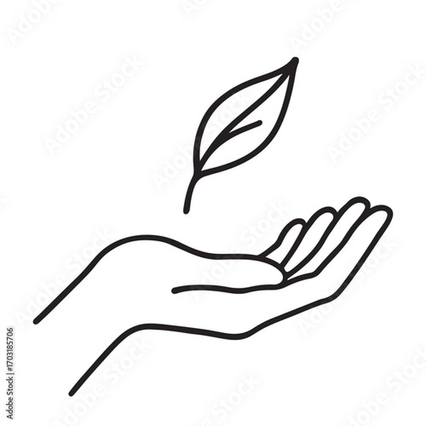 Fototapeta Simple line drawing silhouette of a hand gently holding a floating leaf isolated on white background