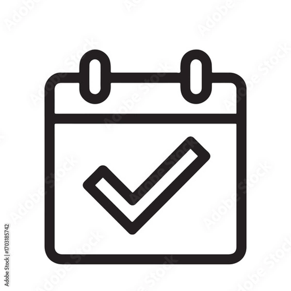 Fototapeta Simple black silhouette icon of a calendar with a checkmark isolated on white background
