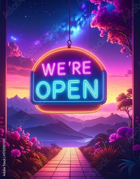 Fototapeta Neon sign "We're Open" over a path