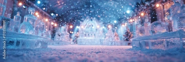 Fototapeta Beautiful winter wonderland scene featuring ice sculptures, snowflakes, and twinkling lights creating a magical atmosphere