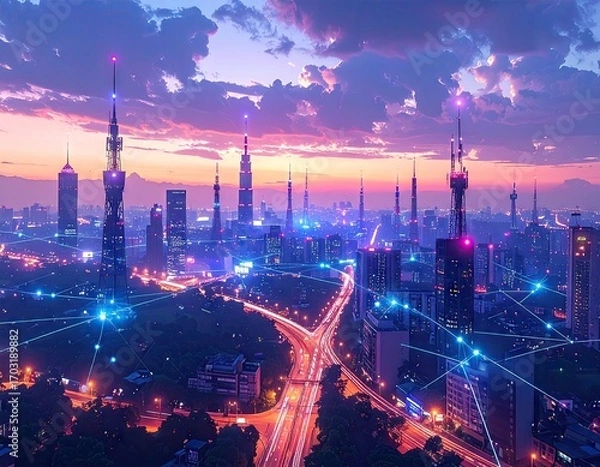Fototapeta Futuristic Cityscape at Sunset with Illuminated Towers and Traffic