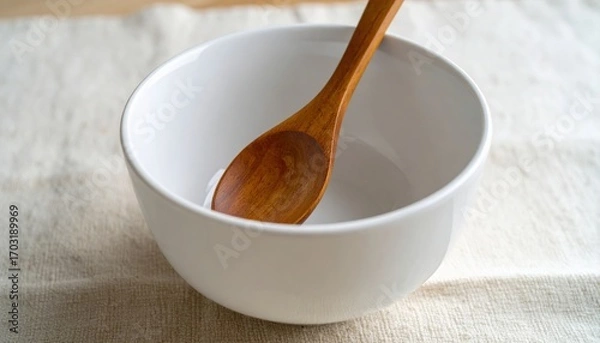 Obraz Empty White Bowl with Wooden Spoon on Neutral Background
