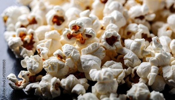 Obraz Freshly Popped Corn in Close-Up on Dark Background for Snacks