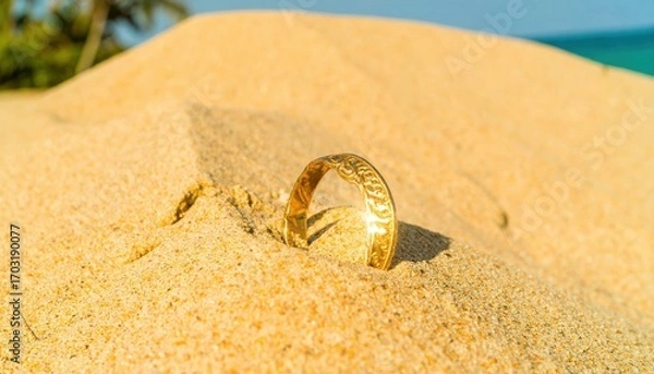 Obraz Golden Ring Half-Buried in Beach Sand Highlighting Coastal Serenity
