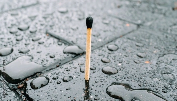 Obraz Matchstick on Wet Surface with Drops of Water in Rainy Weather